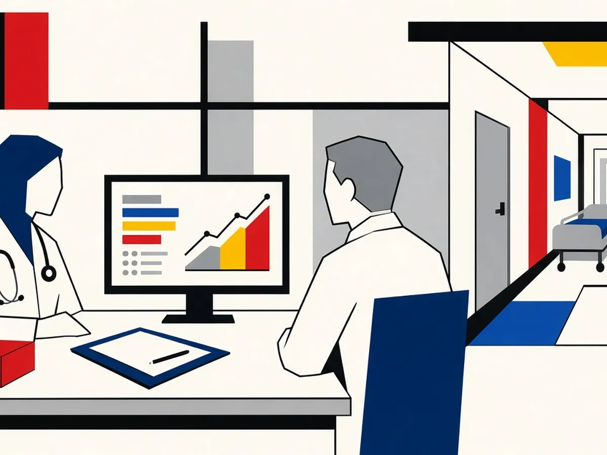 Illustration of a patient at home sharing health data with a hospital