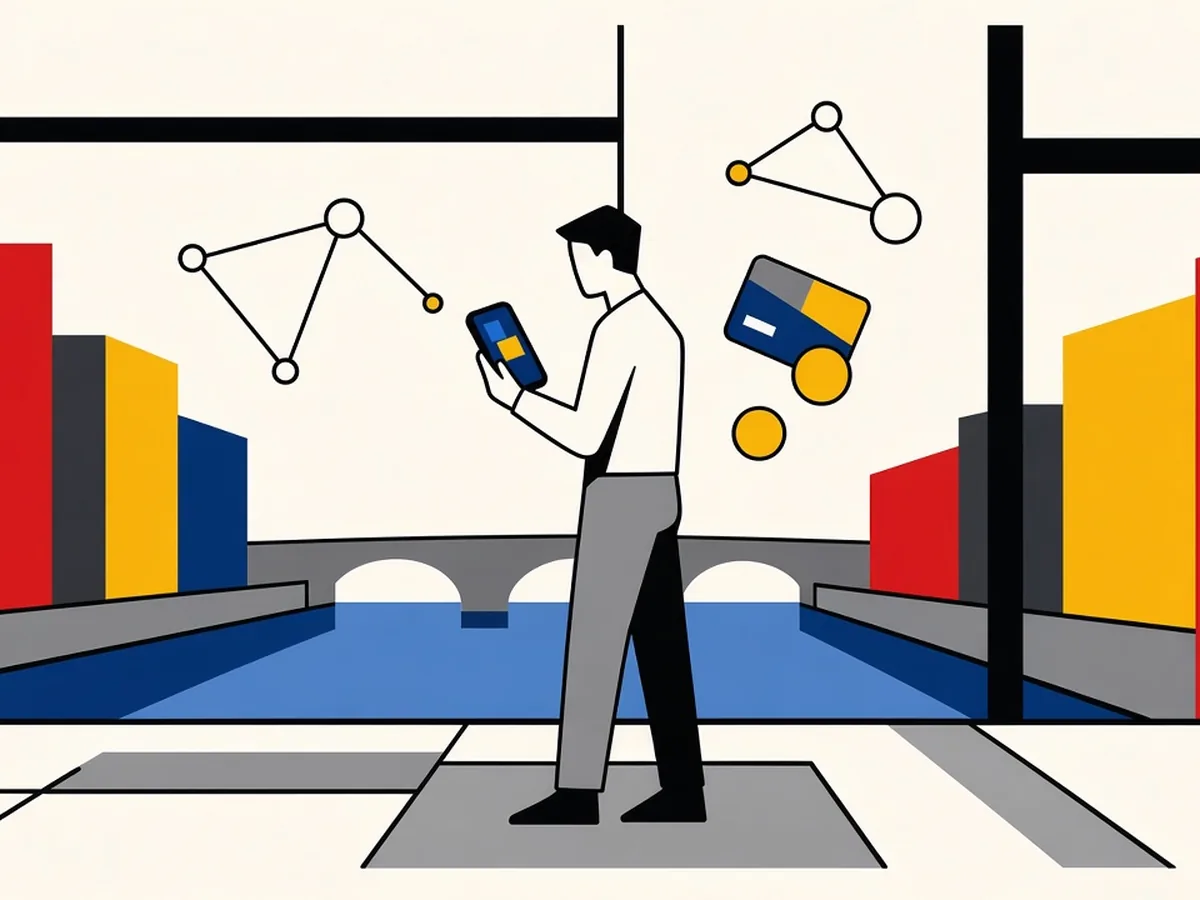 Illustration of a person banking on a phone by a canal